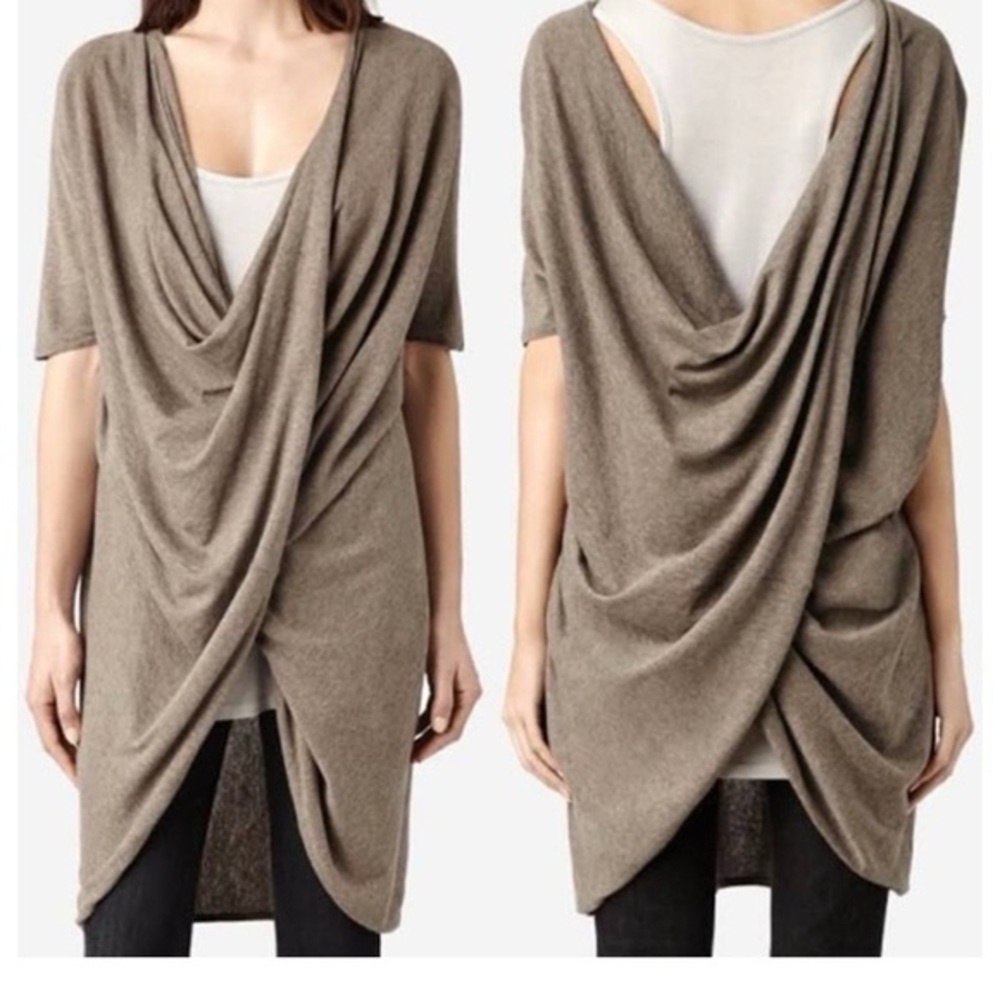 All Saints Tan Asymmetrical Shrug with Dramatic Draping size S